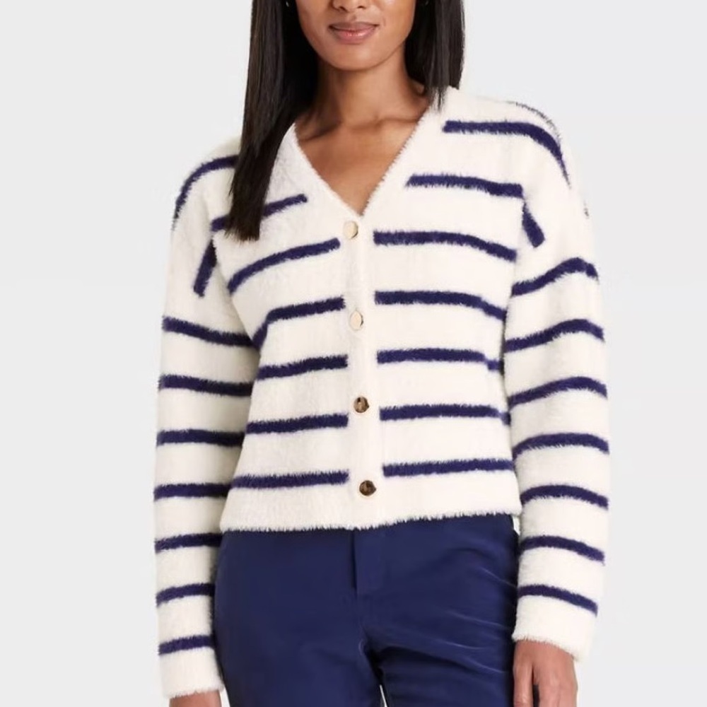 A New Day Striped V-Neck Button-Up Sweater Size L